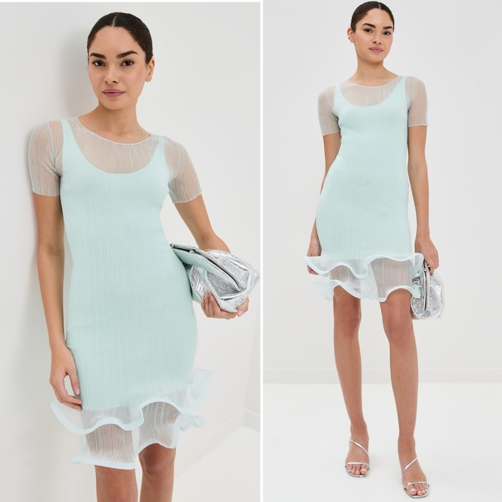 SIMKHAI Jett Short Sleeve Plisse Pleated Hoop Skirt Mini Dress in Seafoam Medium